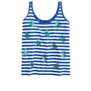 J Crew sequin palm tree blue white tank size S Nautical beach cruise wear